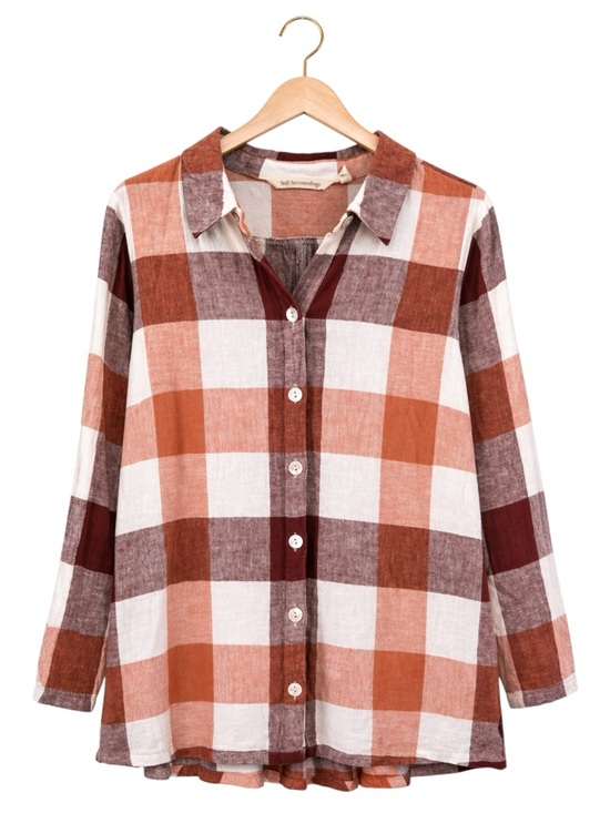 Soft Surroundings Tops - Soft Surroundings Carreaux Plaid Linen Blend Button Shirt Rustic Mango M Relaxed